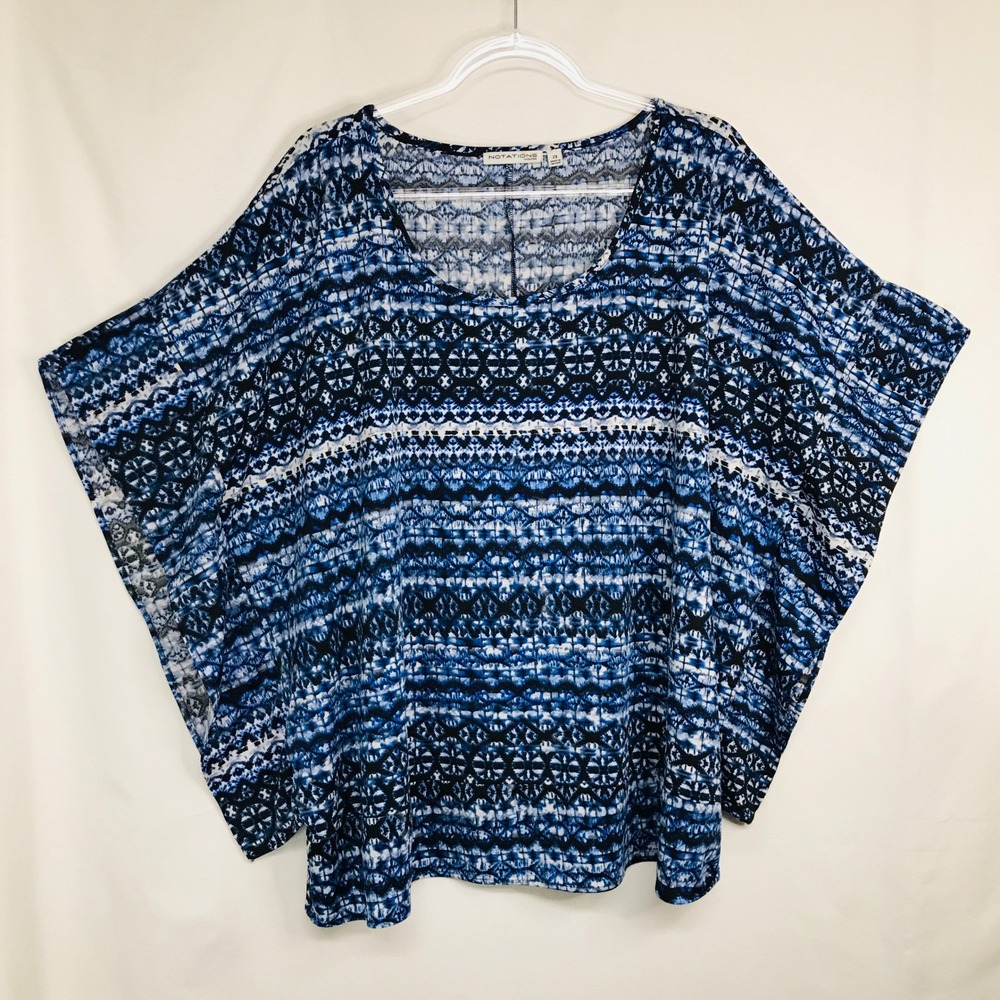 Notations Womans Plus Size 2X Blue Geometric Tie Dye Dolman Sleeve Top